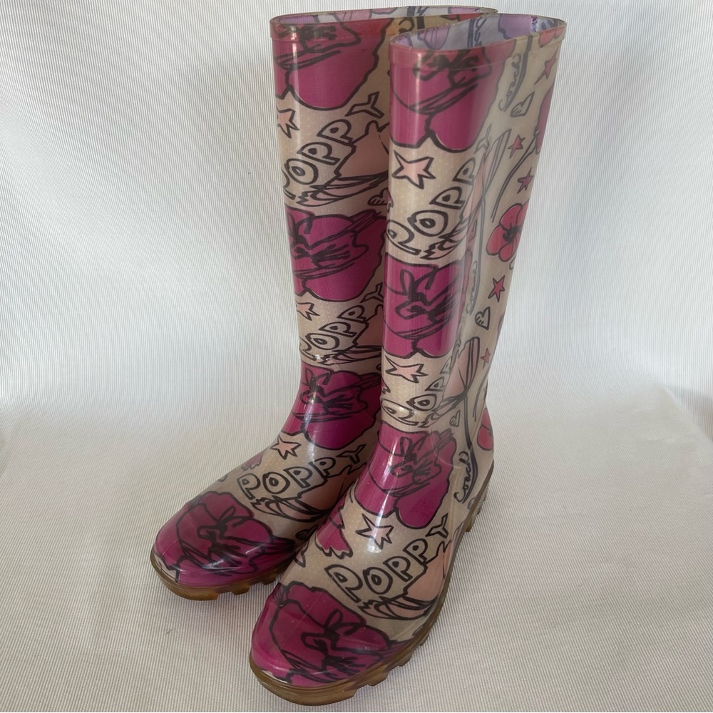 Coach Floral Poppy Tall rubber Rain waterproof Boots Sz 7 - Picture 3 of 12